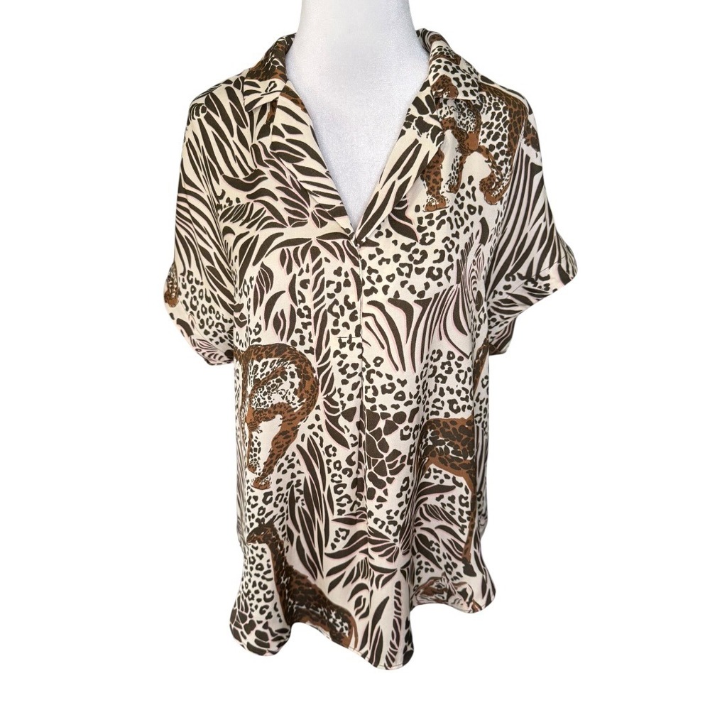 Rachel Rachel Roy Womens Small Animal Print Giraffe Zebra Short Sleeve Blouse